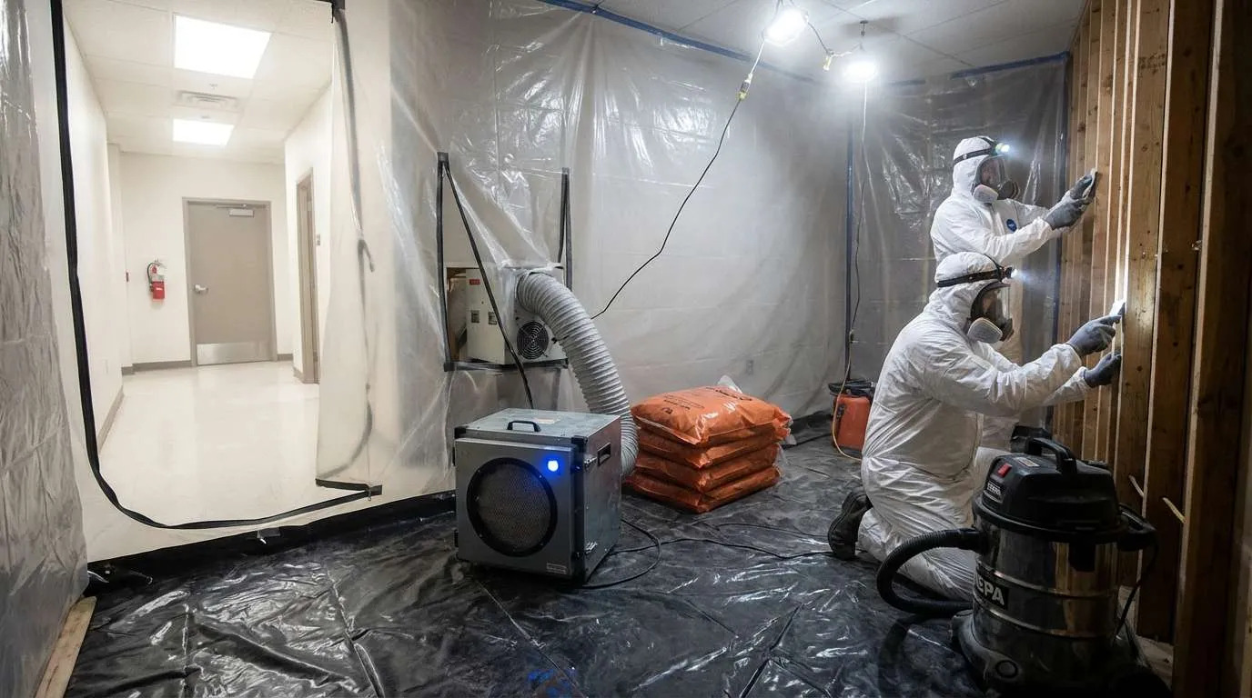Technicians working in a contained remediation area